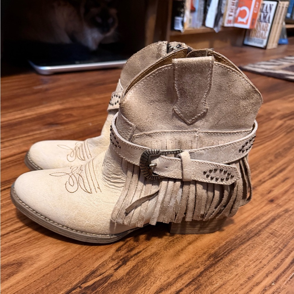 Fringed Tan Leather Ankle Boots